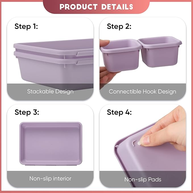 32 Pcs Desk Drawer Organizer Office Organization Tray Versatile Vanity Organizer with Nonslip Pads Makeup for Divider Drawer Storage Box Container for Kitchen Bedroom(Purple)