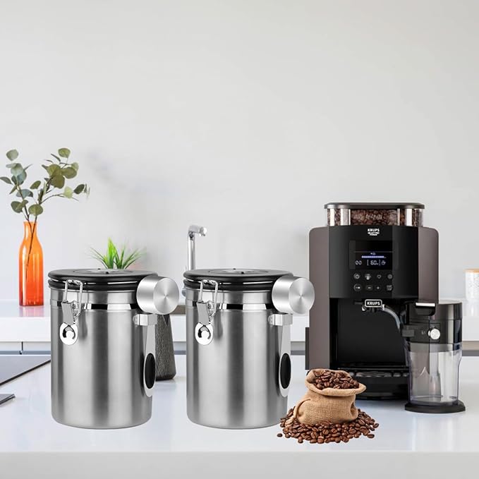 Coffee Canister Airtight Storage Container Stainless Steel Air Tight Coffee Jar with Scoop, Date Tracker CO2 Release Valve for Dry Food, Beans, Ground, Tea, Flour, Cereal and Sugar (1.8L-Silver-2pcs)-NeatNest