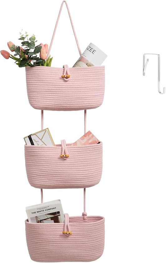 TeoKJ Over the Door Hanging Baskets with Button Strap, 3-Tier Woven Cotton Storage Organizer Bag, Wall-Mounted with Hook Decorative Hanging Nursery Baskets - Pink