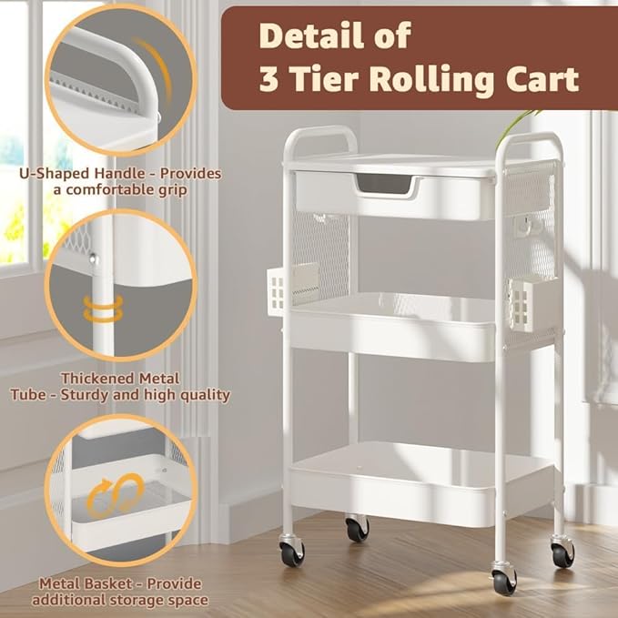 3 Tier Rolling Cart with Drawer, Metal Rolling Utility Cart on Wheels with Pegboard, Art Cart Storage Organizer with Tabletop for Living Room, Office, Bedroom (White)-NeatNest