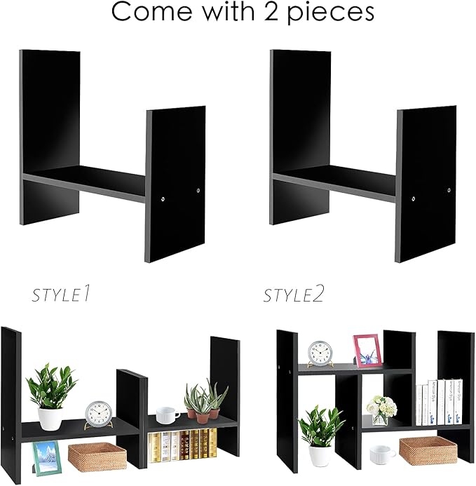J.M.Deco Desktop Organizers and Storage for Office, Adjustable Desktop Organizer Shelf Double H Display, True Natural Stand Shelf, Black-NeatNest