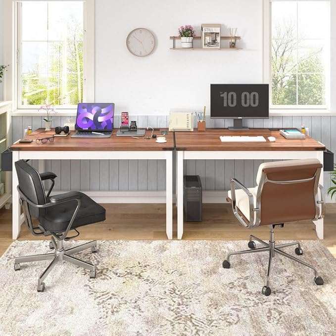 EnHomee 40 Inch Small Desk with Detachable Storage Bag, Modern Simple Computer Desk with Power Outlet, Study Writing Table for Small Spaces, Study Desks for Bedroom, Brown & White-NeatNest