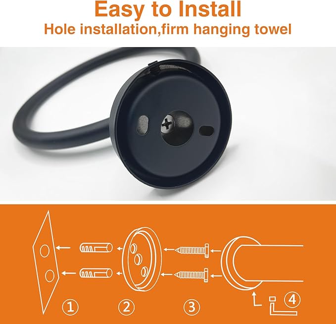 2 Pack Towel Ring for Bathroom, SUS 304 Stainless Steel Hand Towel Holder for Wall Mounted, Heavy Duty Towel Hanger for Bathroom, Kitchen (Matte Black)