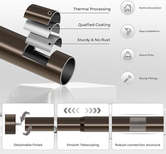 2 Pack Curtain Rods for Windows 18 to 45 Inch(1.5-3.75 Feet),Bronze 1'' Diameter Drapery Rods with End Cap Style Design,Modern Adjustable Heavy Duty Curtain Rod,Size:18''-45''
