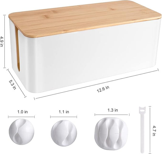 Cable Management Box - Wooden Style Cord Organizer Box to Hide Wires & Power Strips | Desk Computer Cable Organizer Box | Safe ABS Material | 12.6" (L) x 5.3" (W) 4.9" (H) | for Home & Office - White-NeatNest
