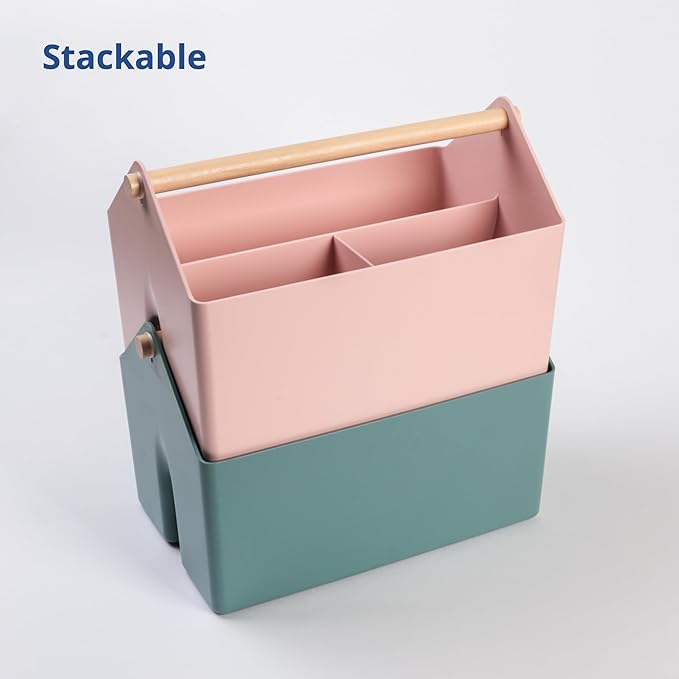 BLUE GINKGO Medium Storage Basket – Plastic Caddy with Wooden Handle for Office, Arts & Crafts, or Home Supplies (Pink)-NeatNest