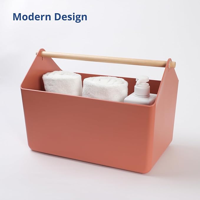 BLUE GINKGO Large Storage Basket – Plastic Caddy with Wooden Handle for Bathroom, Pantry, or Cleaning Supplies (Terracotta)-NeatNest