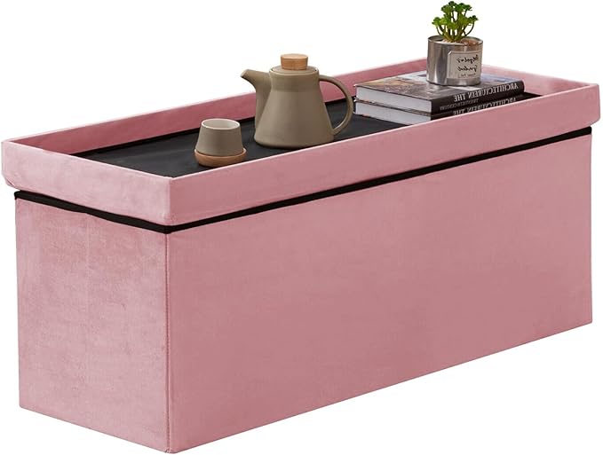BRIAN & DANY 43 Inches Folding Storage Ottoman Bench, Velvet Ottoman with Storage for Living Room, Long Shoes Bench,Flannelette Footrest Benches Seat (Hot Pink)-NeatNest