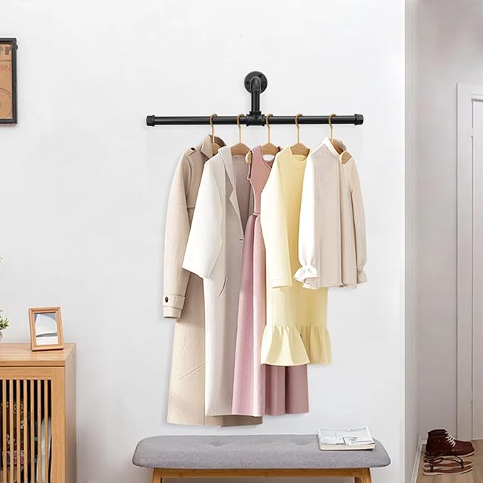 Industrial Pipe Clothes Rack Floating DIY Wall Mounted, Heavy Duty Rustic Vintage Clothing Rod, Metal Garment Bar Space-Saving Hanging for Bedroom, Bathroom and Laundry Room (Black)-NeatNest