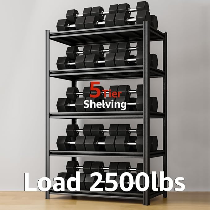 5 Tier Metal Shelving Unit, 72" H x 35.5" W Adjustable Storage Shelves, Heavy Duty Garage Shelves for Warehouse, Basement, Kitchen, Pantry, Living Room, 2500LBS, Black, 15.75" D-NeatNest