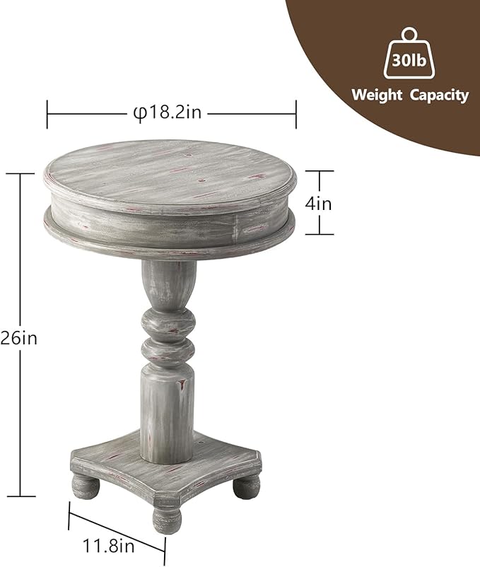 COSIEST Rustic Accent Side Table, Farmhouse Wood Pedestal Table Round End Table for Living Room, Bedroom, Distressed Whitewash Finish, Grey Color-NeatNest