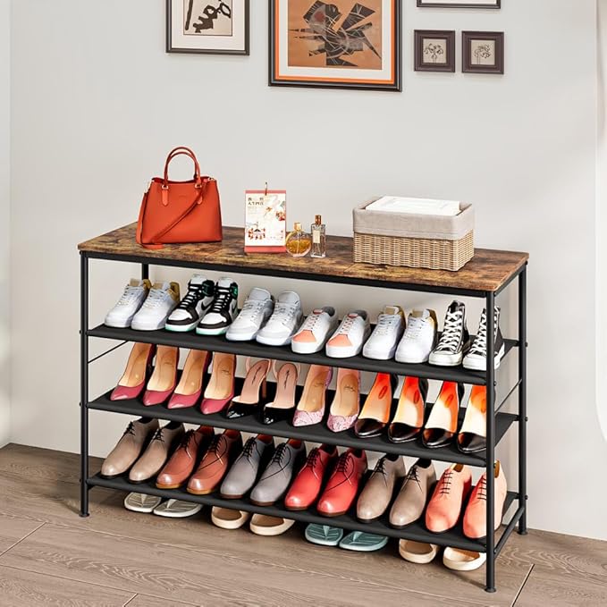 Shoe Rack Organizer 4 Tier Long Metal Organizer Shelf with Industrial MDF Board and Layer Fabric for Entryway Closet Bedroom Living Room Garage,Black & Rustic Brown-NeatNest