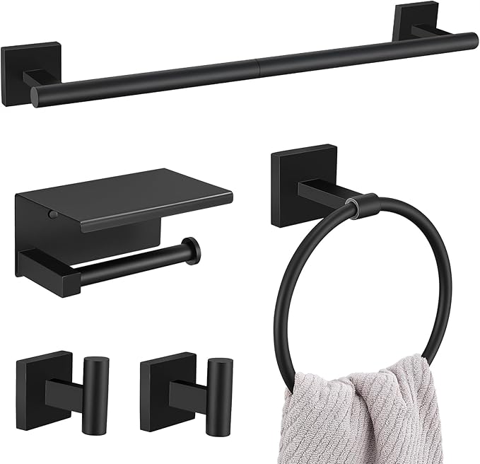 5PCS Black Bathroom Hardware Set, SUS304 Stainless Steel Bath Towel Bar Set-23.6 inches Towel Bar, Toilet Paper Holder with Shelf, Towel Ring and Two Towel Hooks, Towel Holder Set Wall-Mounted