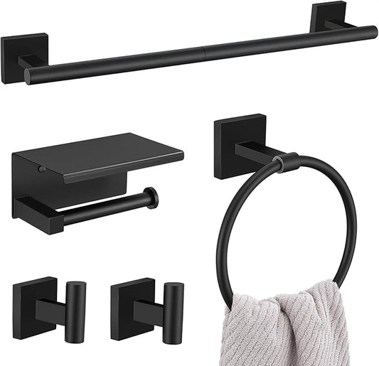 5PCS Black Bathroom Hardware Set, SUS304 Stainless Steel Bath Towel Bar Set-23.6 inches Towel Bar, Toilet Paper Holder with Shelf, Towel Ring and Two Towel Hooks, Towel Holder Set Wall-Mounted