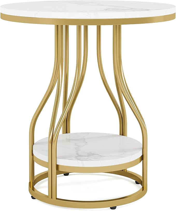 Tribesigns Round Side End Table 2-Tier End Tables Modern Bedside Table Small Chirside Tables with Storage for Couch Side, Nightstand with Metal Frame for Living Room (1, White+Gold)