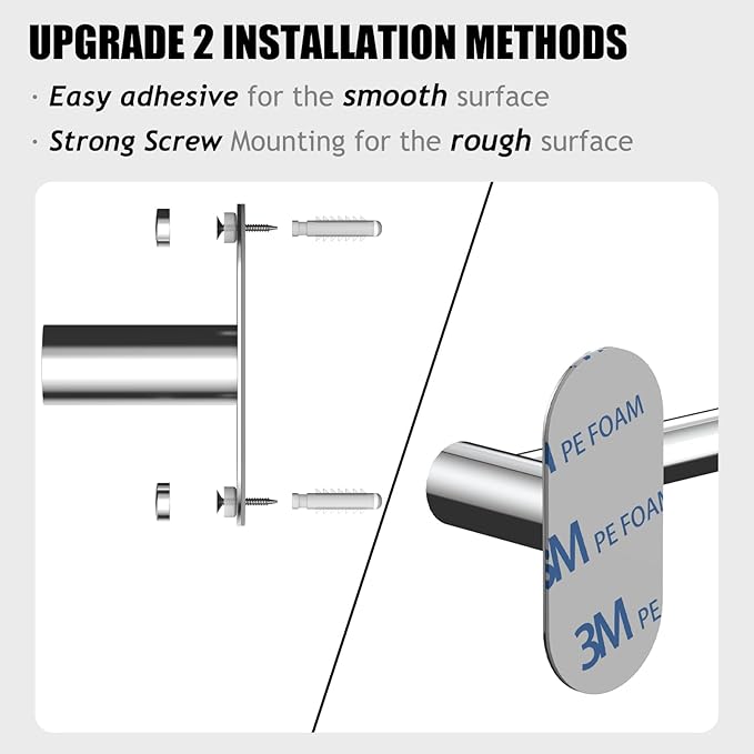 Towel Bar, Adjustable 14.4inch - 25.2inch Towel Rack, Self Adhesive & Wall Mounted for Bathroom Kitchen Hand Towel Holder Cloths Hanger SUS 304 Stainless Steel Organizer Single Bar(Chrome)