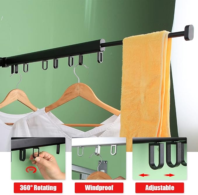 BESTHLS Wall Mounted Clothes Drying Rack for Space Saver Hangers Design for Balcony, Mudroom, Bedroom Foldable Laundry Rack(2-Pole Black)