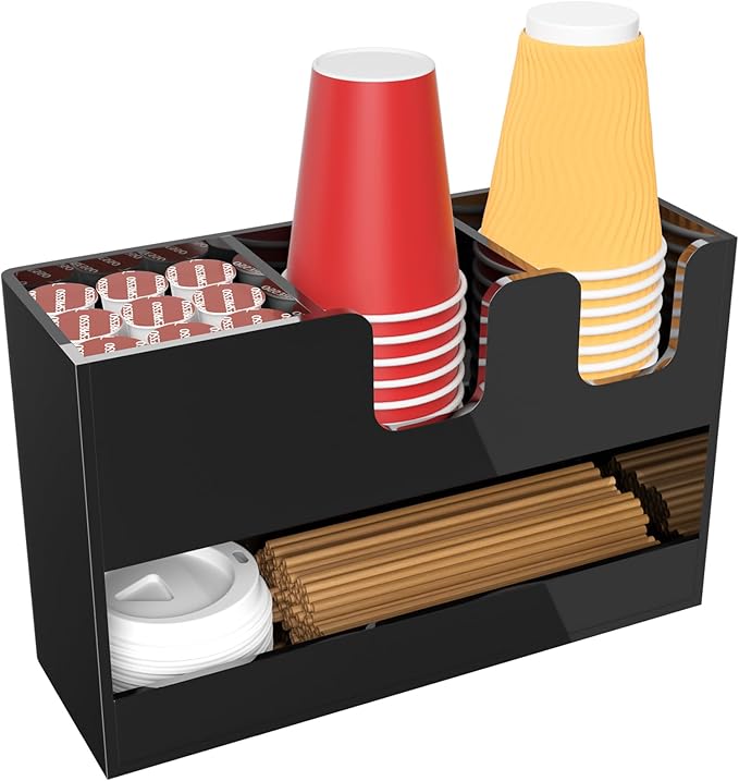 Coffee Condiment and Cup Organizer - 2-Tier Upright Cup and Lid Holder with Straw Organizer 4 Compartments Black Acrylic Cup Dispenser for Restaurant Breakroom Coffee Station Countertop-NeatNest