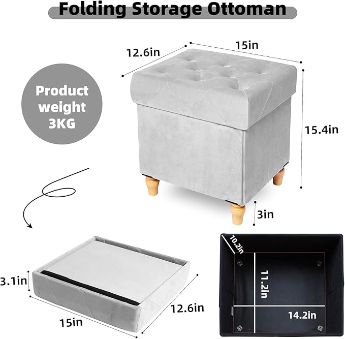 CAROLMADE Folding Storage Ottoman Cube Velvet Footstool with Wood Legs Ottoman Footrest for Living Room and Bedroom, Grey 15"x12.6"x15.4”-NeatNest