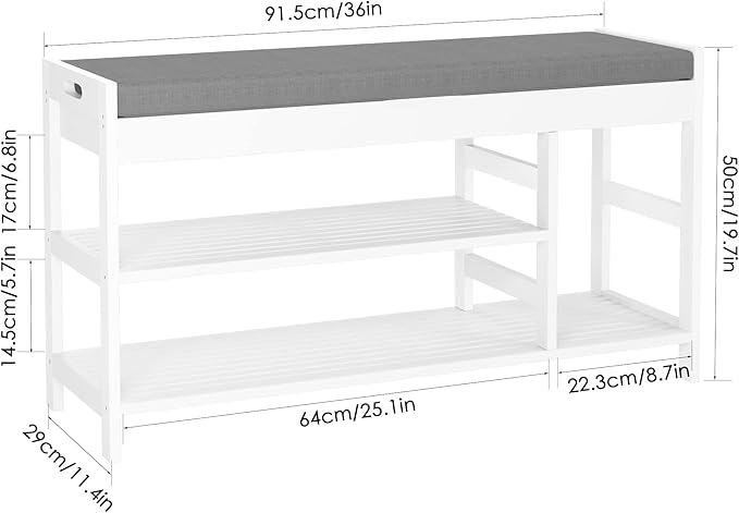HIFIT Bamboo Shoe Bench Rack with Storage, Entryway Storage Bench with Padded Seat, Shoe Oiganizer Shelf for Entryway Mudroom Bathroom, White
