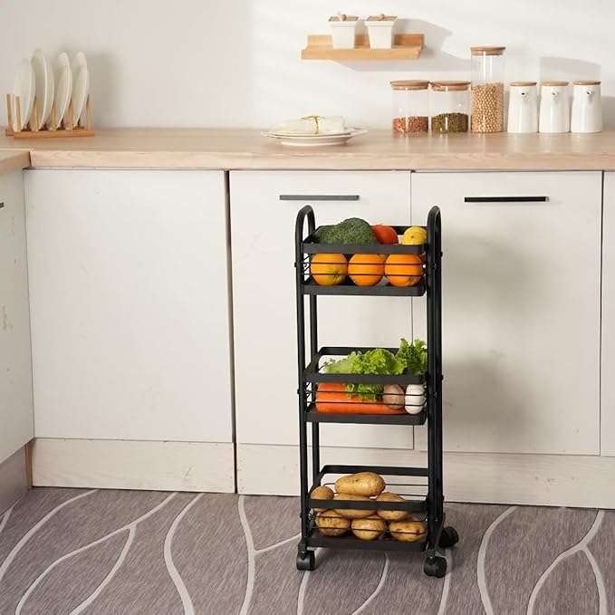 CHPHI 3 Tier Rolling Utility Cart Organizer, Stable and Sturdy Black Rolling Storage Carts with 2 Lockable Wheels, Multifunctional Storage for Kitchen, Bathroom & Laundry