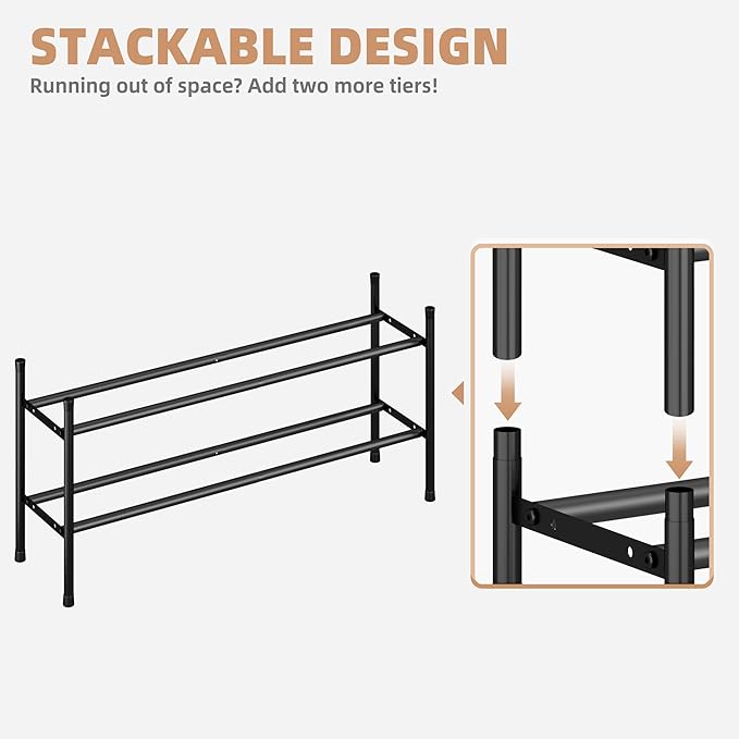 STORAGE MANIAC Long Expandable Shoe Rack, 6 Pairs Metal Wide Stackable Shoe Rack, Adjustable Shoes Shelf, Freestanding Shoes Organizer for Closet, Entryway, Hallway, Garage, Front Door, 1 Tier-NeatNest