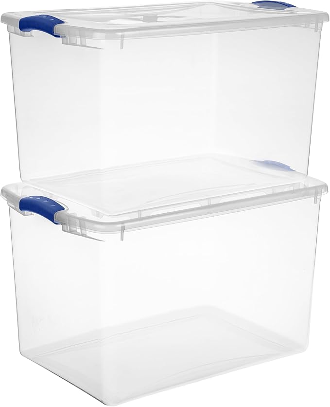 2 Pack, 66 Quart - Large Clear Plastic Storage Bins with Blue Latch, Stackable Container Boxes for Home and Office Organization