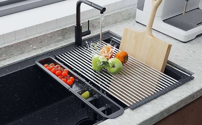 Extra Large Black Expandable Roll Up Dish Drying Rack,Over The Sink Kitchen Rolling up Dish Drainer, for Kitchen Sink Counter，Foldable Sink Cover with Removable Utensil Holder(Expandable Width Size)