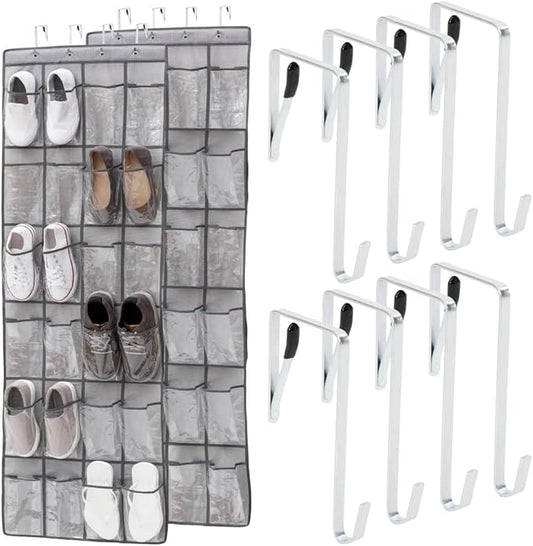GORILLA GRIP Over the Door Shoe Organizer, 24 Large Breathable PVC Pockets, Space Saving Hanging Storage Holder, Closet Rack Hanger Holds Up to 40 lbs, Hangs on Closets for Shoes 2 Pack, Gray-NeatNest