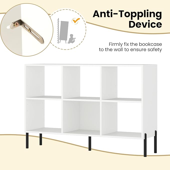 6 Cube Bookcase, Wood Storage Organizer with 5 Metal Legs, Bookshelf with Storage, Cubical Storage Shelf, Wooden Book Shelf, Display Shelves for Bedroom, Living Room, Entryway (White)