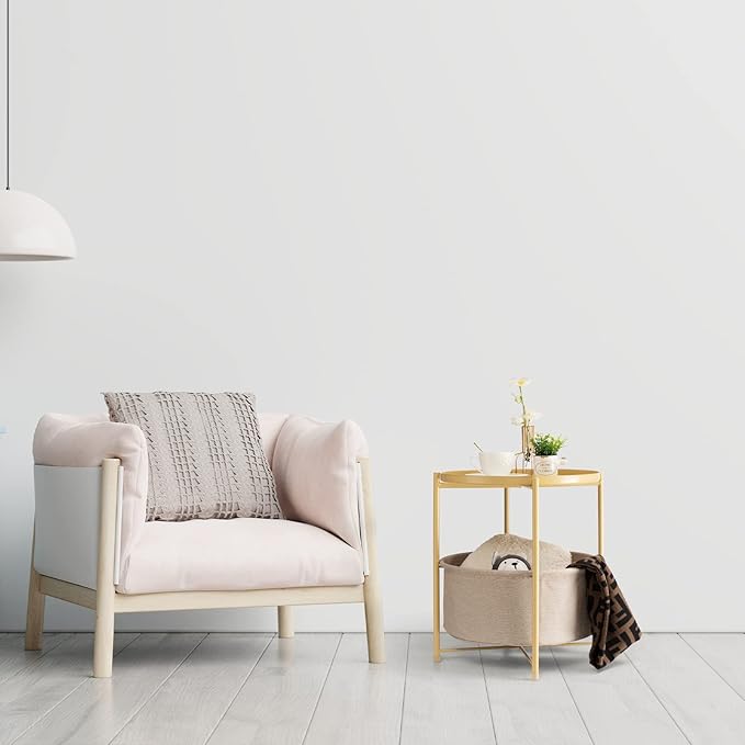 danpinera Round Side Table with Fabric Storage Basket, Metal Side Table Small Bedside Nightstand with Removable Tray Top for Living Room, Bedroom, Nursery, Laundry, Pale Yellow-NeatNest