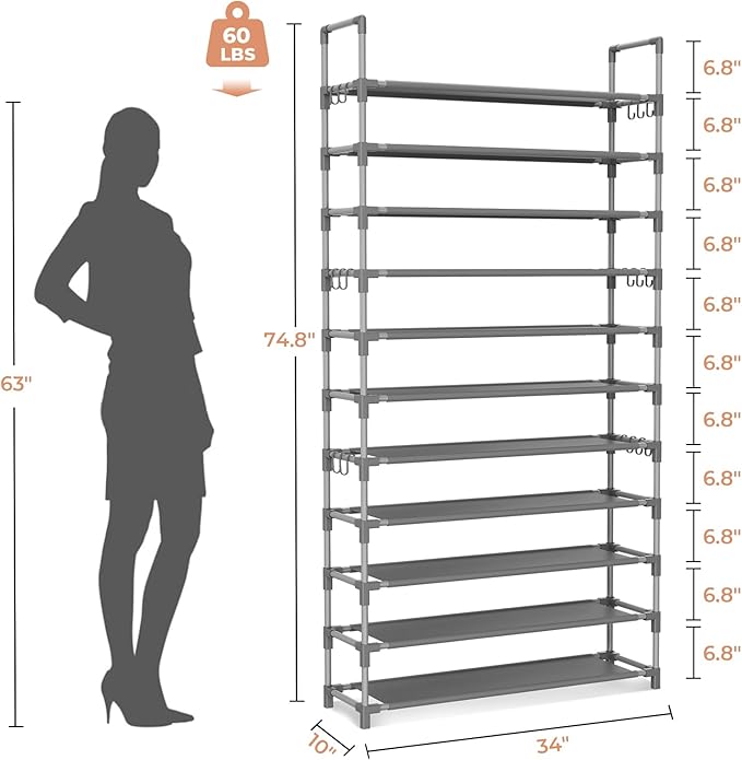 11 Tiers Tall Shoe Rack Holds 55 Pairs of Shoes with 18pcs Hooks Sturdy Wide Shoe Organizer Storage Free Standing Metal Shoe Shelf for Closet, Entryway Grey-NeatNest