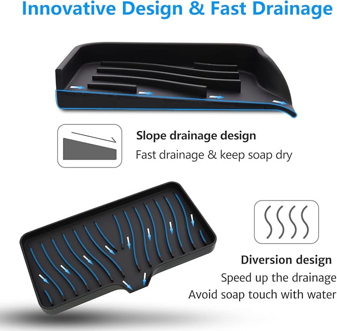 3-Pack Silicone Soap Dish, Sponge Holder for Sink, Kitchen Soap Tray, Bathroom Soap Holder, Sponge Tray with Drain (Black)-NeatNest