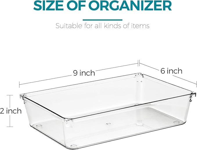 12 Pack Drawer Organizer - 6" X 9" Clear Acrylic Storage Bins with Non-Slip Pads, Versatile Desk Tray for Makeup, Jewelry, Kitchen, Bathroom, and Office Organization-NeatNest
