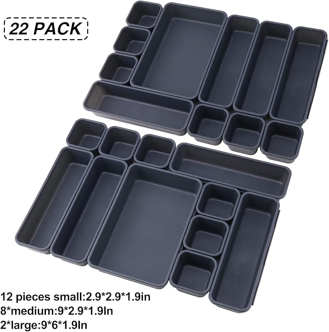 KeFanta 22 Pack Desk Drawer Organizers,Interlocking Junk Drawer and Storage with 3 Sizes, Tray Organizer for Office,Bathroom,Kitchen,Makeup(Dark Grey)-NeatNest