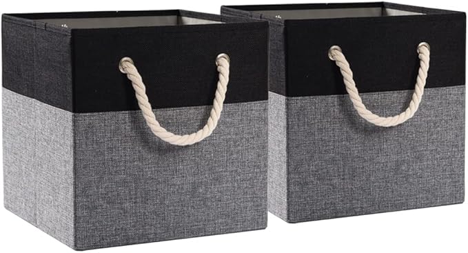 PRANDOM Large Foldable Cube Storage Bins 11x11 inch [2-Pack] Fabric Linen Storage Baskets Cubes Drawer with Cotton Handles Organizer for Shelves Nursery Closet Bedroom Black-NeatNest