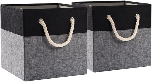 PRANDOM Large Foldable Cube Storage Bins 11x11 inch [2-Pack] Fabric Linen Storage Baskets Cubes Drawer with Cotton Handles Organizer for Shelves Nursery Closet Bedroom Black-NeatNest
