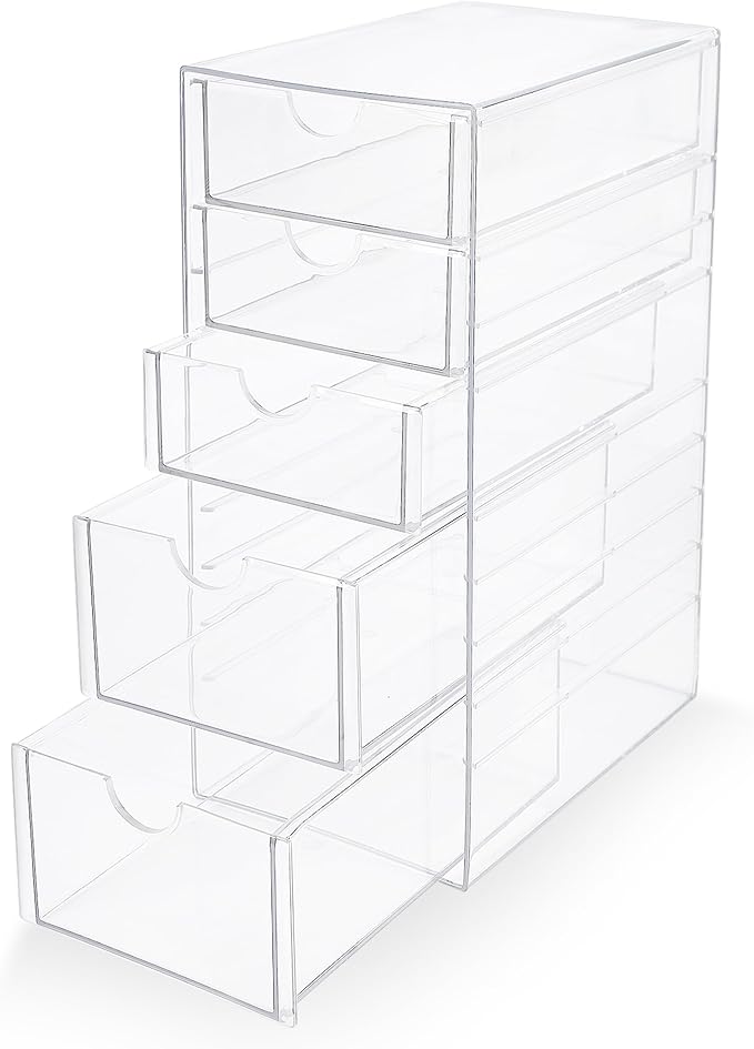 Prsildan Acrylic Drawer Makeup Organizer with 5 Drawers, Hair Accessories Organizer, Office Desk Organization, Clear Stackable Storage Drawers for Vanity, Countertop, Craft, Jewelry-NeatNest
