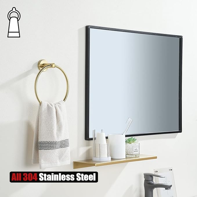 JQK Towel Ring Brass Gold, 304 Stainless Steel Hand Towel Holder for Bathroom, Brushed Gold Wall Mount, TR130-BG