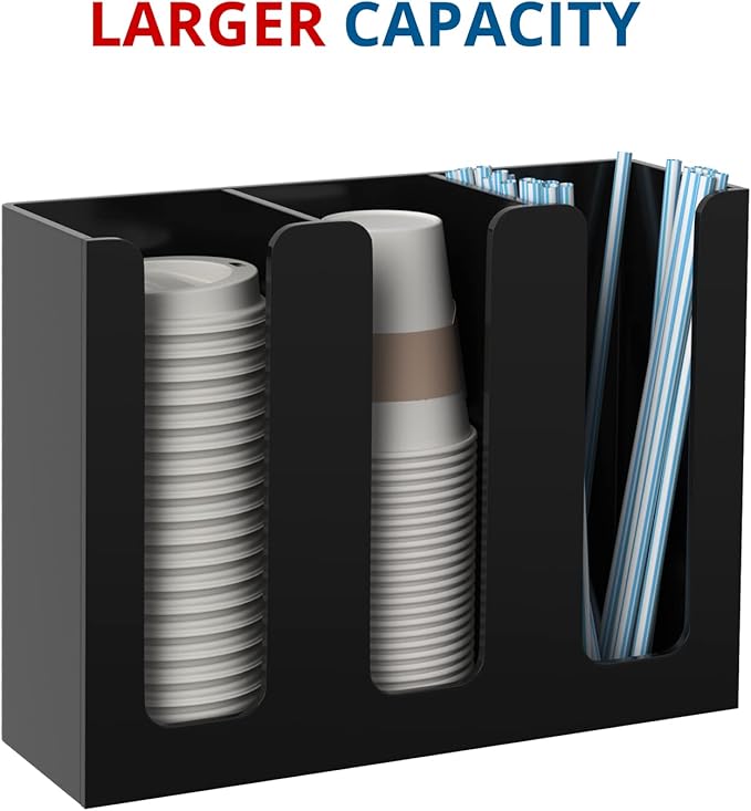 Acrylic Cup and Lid Holder, 3 Compartment, Disposable Coffee Cup Dispenser Cup Storage Organizer, Black-NeatNest