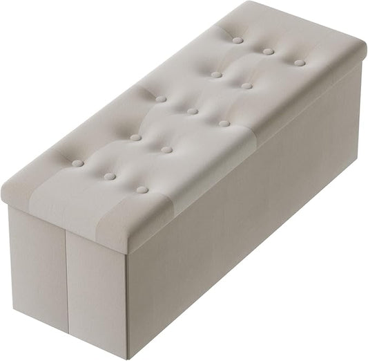 PRANDOM Jumbo Ottoman with Storage [1-Pack] Velvet Folding Small Square Foot Stool with Lid for Living Room Bedroom Coffee Table Dorm Beige 43x15x15 inches-NeatNest