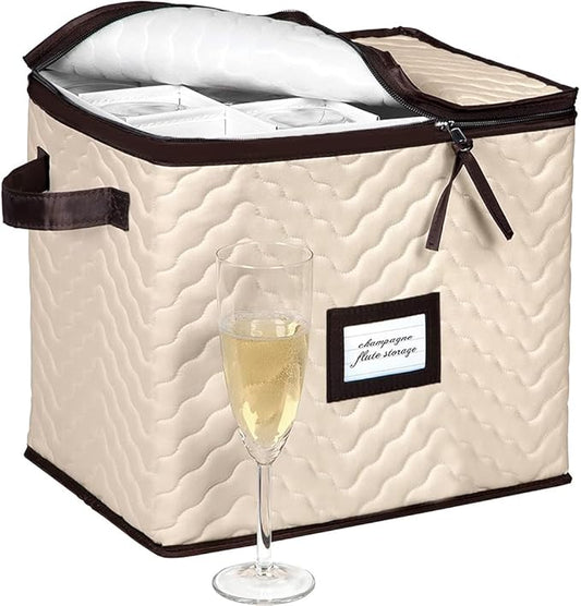 Champagne Flute Glass Storage Box with Dividers - Holds 12 Champagne Flute Glass up to 3" Wide - Stemware Storage Case - Protects Fine China - Durable Quilted Microfiber Bin with Carry Handles-NeatNest