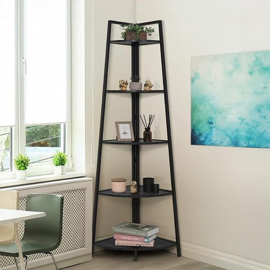 CAPHAUS Tall Corner Shelf Stand, 5-Tier Display Shelves, Ladder Corner Wood Storage Plant Bookshelf with Metal Frame, Versatile Shelving Unit Bookcase for Home Office Space, Black-NeatNest