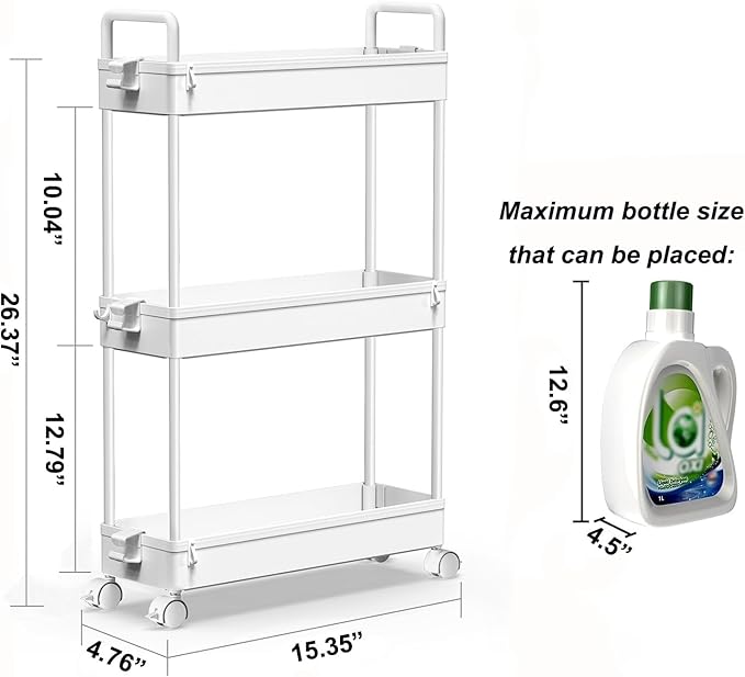 SOLEJAZZ Slim Rolling Storage Cart with Wheels 3 Tier Skinny Bathroom Storage Organizer Thin Laundry Room Utility Cart Space-Saving for Bedside Kitchen Office Small Narrow Places, White