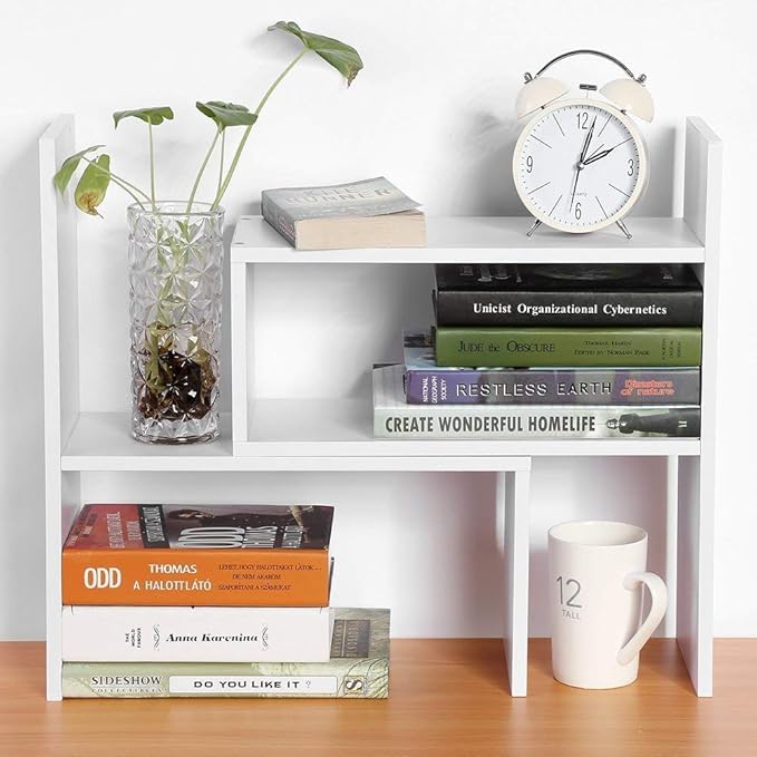 Hongtaitong Natural Wood Bookcase,Bookshelf on Desk, Expandable Bookselves on Room,Organizer Expandable Desktop,Adjustable Desktop Shelves and Office Shelves，Counter Organizer Kitchen,White-NeatNest