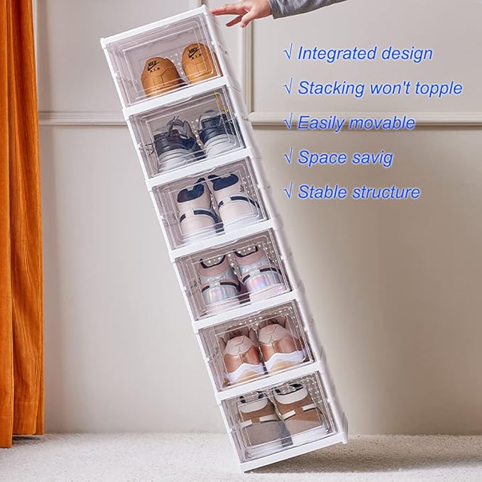 Shoe Rack Shoe Storage Box Bins Clear Collapsible Plastic Installation-Free Size up to 14, Stackable Foldable Tote with Lids Organizing Dustproof 6-Tiers-NeatNest