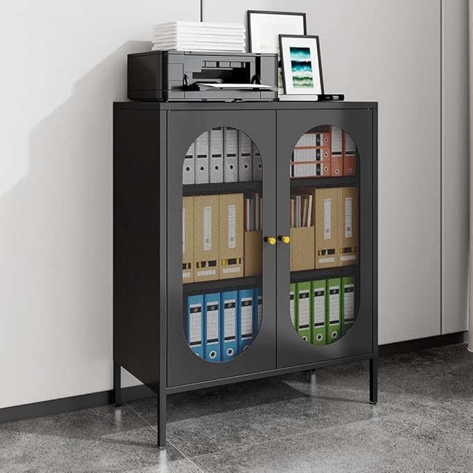 2 Doors Locker Metal Storage Cabinet, Storage Cabinet with Legs, Buffet Cabinet with Adjustable Shelves for Home, Office, Entryway and Hallway (Mesh Door Cabinet, Black)