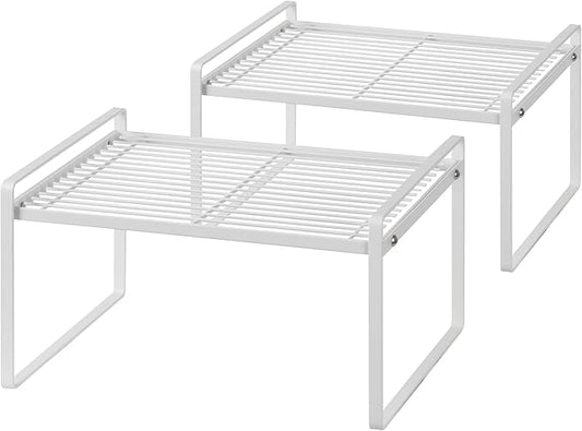 2Pack Kitchen Cabinet Shelf Counter Organizer Rack Pantry Storage Bathroom Bedroom Office Table Desk Space Saving Stackable Rust Resistant Non Slip White Wide L13.1in W10.6in H7.3in-NeatNest