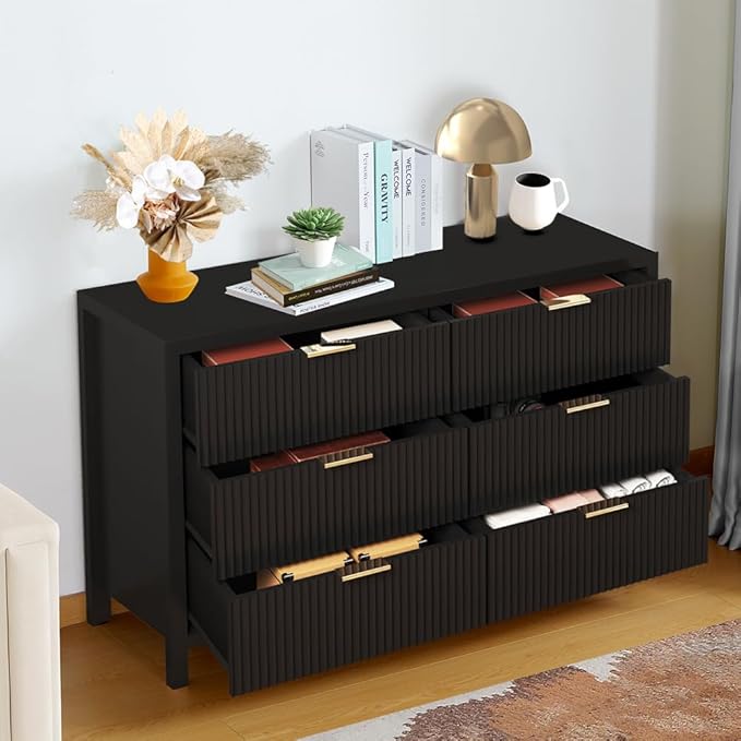 6 Drawer Dresser Cabinet, Long Nightstand with Drawers and Storage Cabinet, Solid Wood Dresser TV Stand, Mid Century Modern Nightstand with 6 Drawer Dresser for Bedroom Closet (Black)