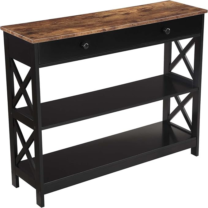 Convenience Concepts Oxford 1 Drawer Console Table with Shelves, Barnwood/Black-NeatNest